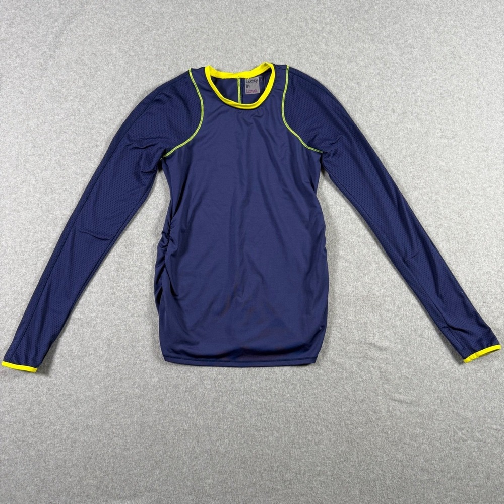 Lucky In Love Small Navy Blue Neon Yellow Mesh Long Sleeve Tennis PickleballTop